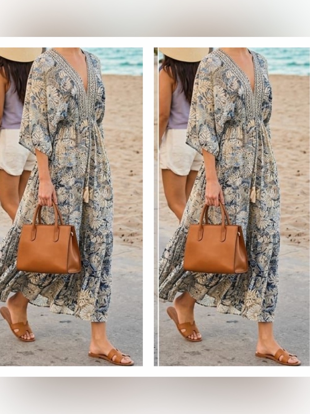 SILK BLEND Blue and Cream Floral V-Neck Maxi Dress - Picture 2 of 2